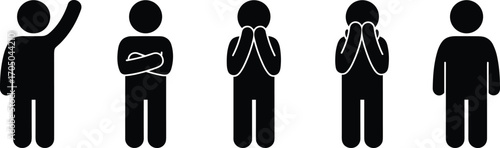 Five Black Stick Figure Icons Showing Different Poses and Emotions on White Background person people