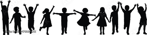 Silhouettes of happy children playing, jumping, raising hands, diverse kids, joyful movement, outdoor fun, black vector, isolated background, energy and freedom