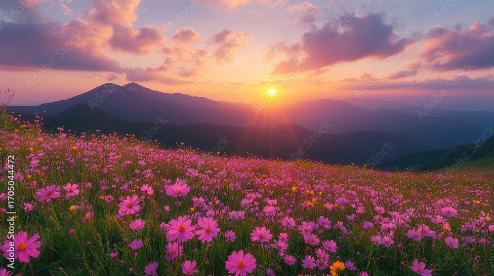 Fototapeta premium Sunrise Over Vast Alpine Meadow with Countless Soft Focus Wildflowers Creating Pastel Carpet and Morning Mist