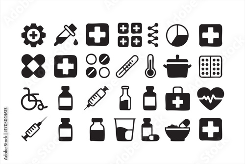 Vector set of medical and healthcare icons including syringe, pills, and first aid kit