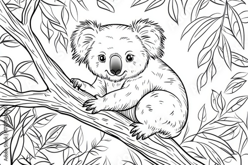 Cartoon coloring page of a cute koala on a tree in the jungle, with thick lines and no shading, perfect for kids' fun and creativity.