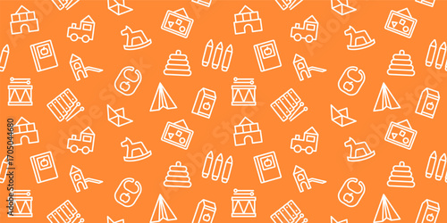 Seamless Kids' Toys Pattern: Cute Outline Icons of Blocks, Drums, and Rocking Horses for Children's Backgrounds and Playroom Designs