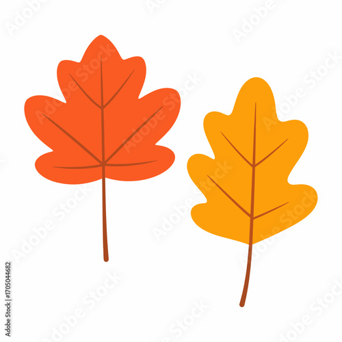 Vibrant cartoon fall foliage illustration featuring an orange maple and a yellow oak leaf. A simple graphic icon set representing the seasonal concept of autumn