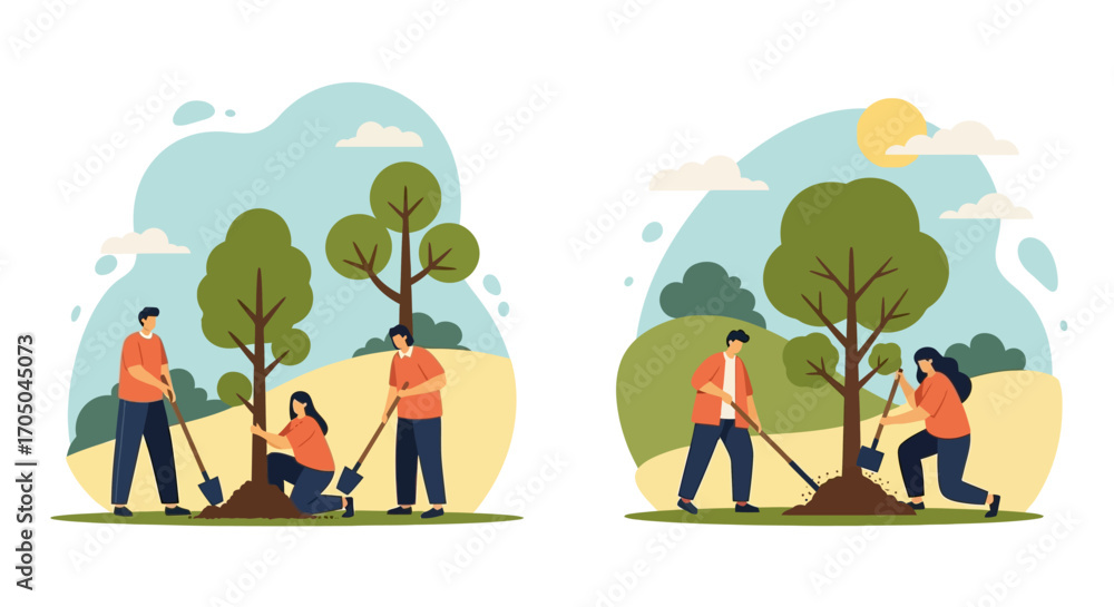 Fototapeta premium Group of People Planting Trees in a Nature-Themed Illustration