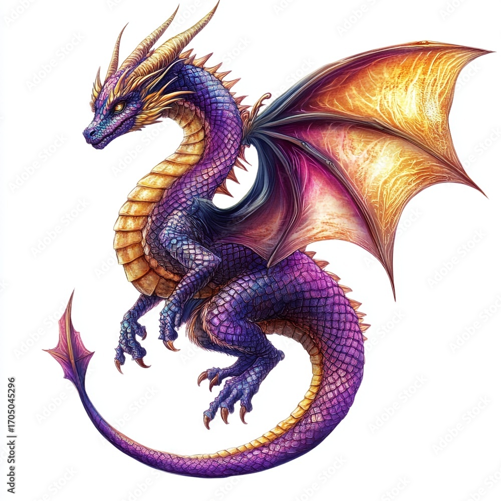 Obraz premium A dragon in diffrent purple shades on white background.