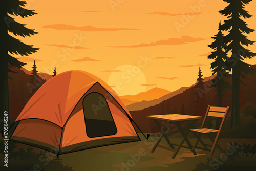 Camping tent in beautiful forest at sunset Full Vector Realistic NOT AI GENERATED!