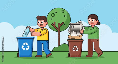 Happy Boy and Girl Recycling Plastic Bottle and Paper in Separate Bins