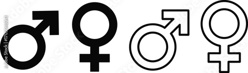 Male and female gender symbols in black and white outline and filled styles male symbol female symbol