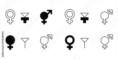 Male and Female Gender Symbols and Icons Set on White Background Keywords: gender, symbol, male, female, sex, icon, man, woman