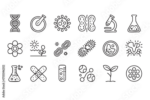 Vector set of biology science icons including DNA, microscope, and cell symbols