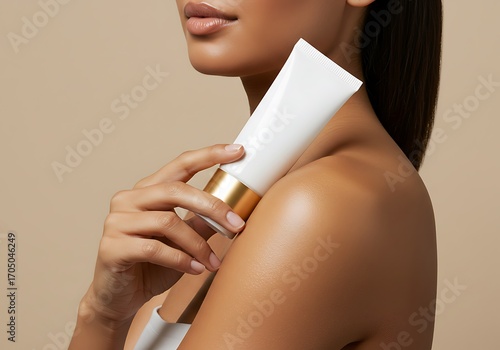  A woman with radiant skin holding a blank white cosmetic tube with a gold accent