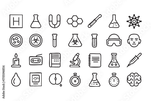 Research and innovation icons set with lab equipment, microscope and molecular design