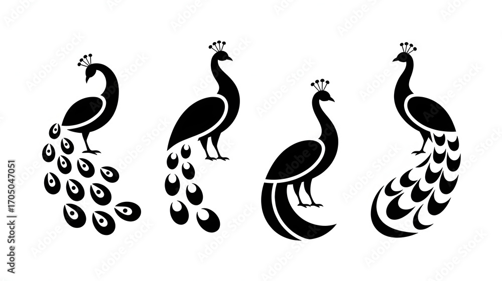 Fototapeta premium A collection of four stylized black peacock silhouettes, each displaying its unique plumage and elegant posture, isolated on a white background
