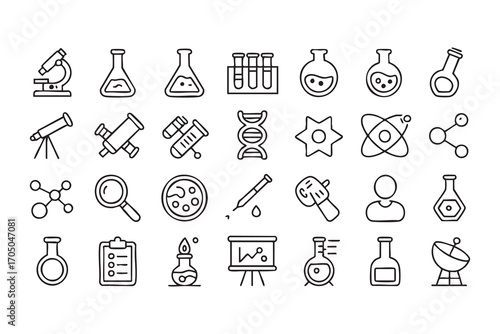 Laboratory icon set with molecules, test tubes, and telescope for education projects
