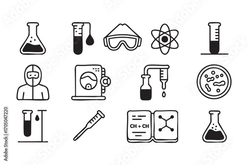 Laboratory doodle pack of research symbols with molecule, atom, and magnet icons
