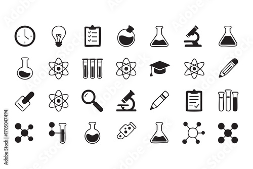 School science icon set including experiment tools and academic study elements