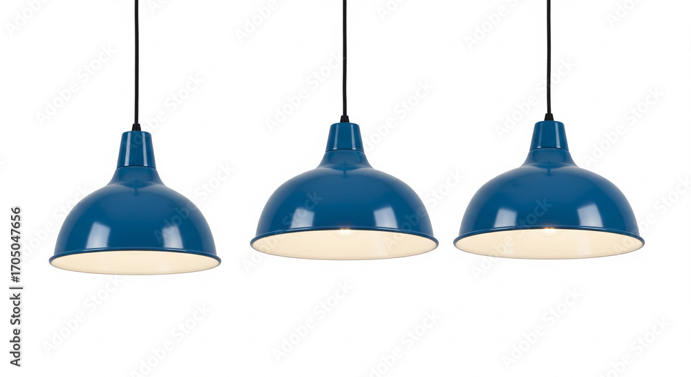 Obraz premium Three Blue Industrial Pendant Lights, Illuminated, Isolated transparent background