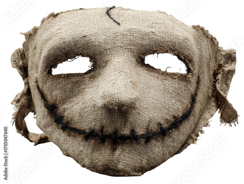 Spooky bag mask made from rough burlap fabric stitched details isolated on transparent background for horror designs isolated on a transparent background 