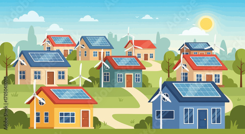 Illustrated eco-friendly village with colorful houses, rooftop solar panels, and wind turbines.