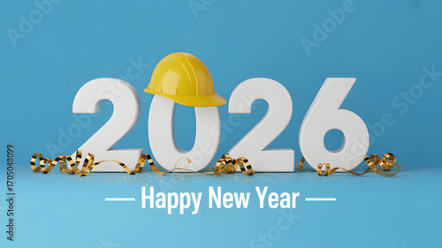 Happy new year 2026 with a yellow hard hat and confetti on a blue background, symbolizing construction and future plans for the upcoming year