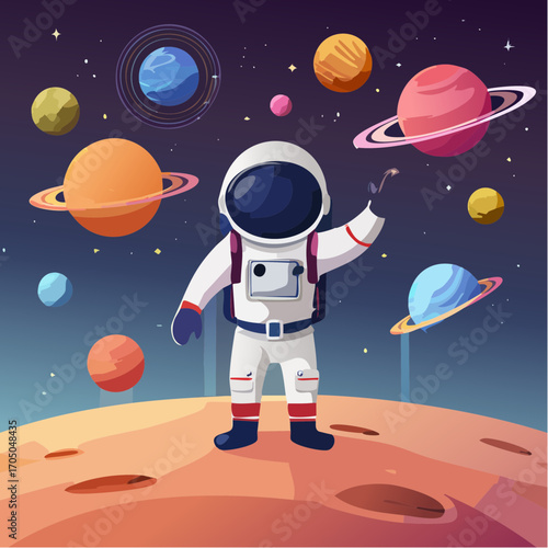 Futuristic vector space and astronaut illustrations with colorful planets, galaxies, and cosmic elements.