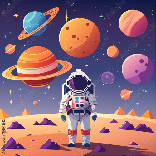 Futuristic vector space and astronaut illustrations with colorful planets, galaxies, and cosmic elements.