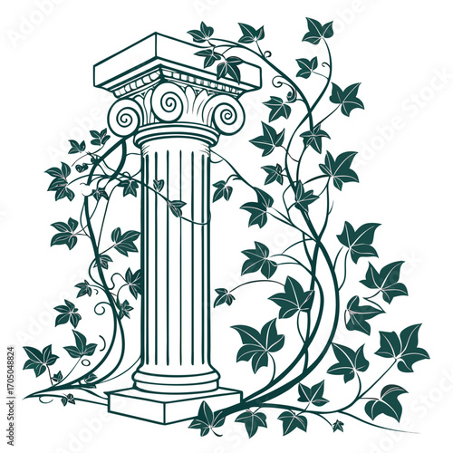 Vector art of classic column adorned with ivy vines, creating a timeless and elegant design suitable for historical, architectural, or naturethemed projects with a touch of antiquity