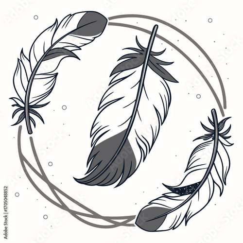 Vector art of feathers illustration, showcasing delicate feather design, perfect for boho invitations, greeting cards, and spiritual themed projects