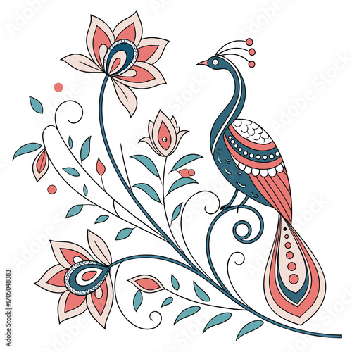 Vector art of an elegant peacock perched on a flowering branch, showcasing intricate details and a harmonious blend of colors, creating a visually stunning composition