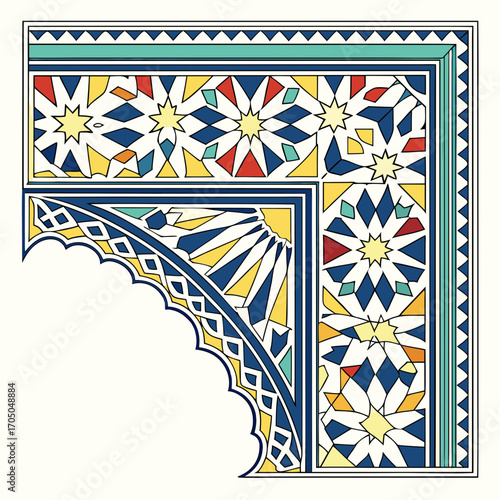 Vector art of an ornate islamic geometric pattern, , features a corner design with vibrant colors and intricate star motifs, reflecting the rich artistic heritage of islamic culture and design