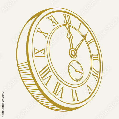 Vector art of vintage clock with roman numerals showing midnight antique time piece illustration, perfect for new years eve and historical designs