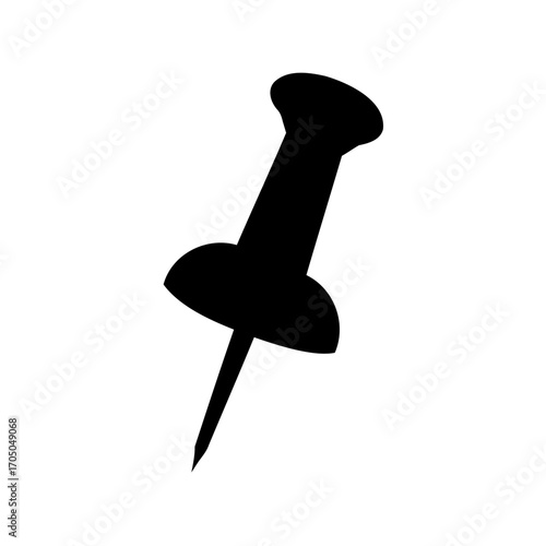 Silhouette of a black pushpin or tack on a white background