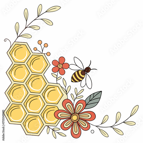 Vector art of a delightful illustration featuring a honeycomb, flowers, and a bee, creating a charming and whimsical design perfect for naturethemed projects and crafts