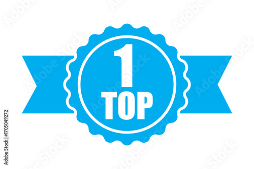 One top ribbon. First place award. Vector winner symbol. Blue banner illustration. EPS 10.