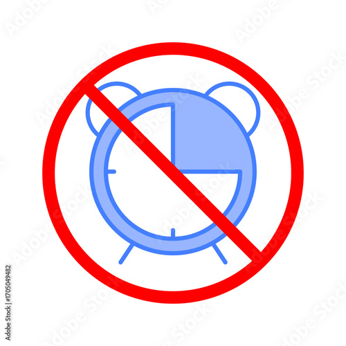 No alarm symbol. Time limit restriction. Vector warning sign. Clock crossed out concept. EPS 10.