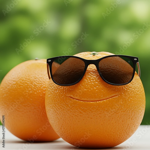 Oranye Bergaya dengan Kacamata Hitam: Potret Buah Segar yang Unik dengan Latar Belakang Hijau Cerah, Menciptakan Adegan yang Menarik
