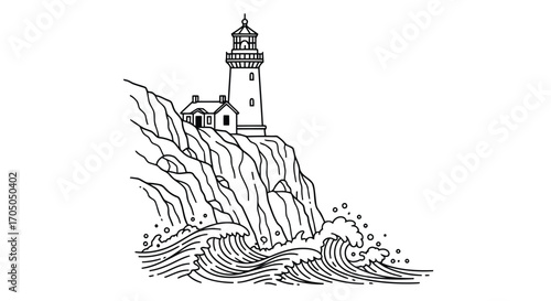 Vector illustration of line art illustration of a lighthouse on a cliff with waves