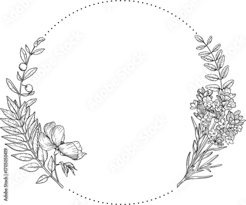 Elegant black and white floral wreath of finely detailed blossoms and leaves arranged in a soft circular flow botanical grace meets natural harmony in this intricate lineart illustration