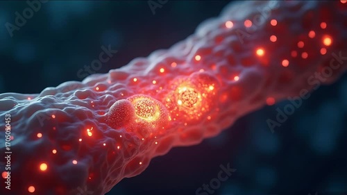 Cellular Activity Closeup with Glowing Red Signals