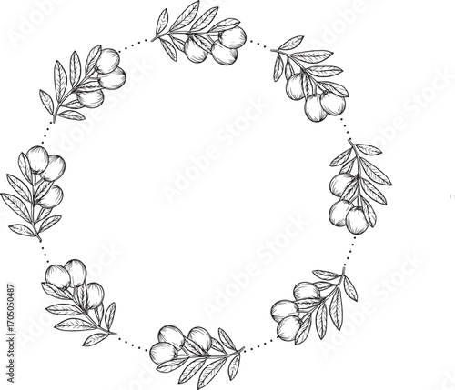 Elegant black and white floral wreath of finely detailed blossoms and leaves arranged in a soft circular flow botanical grace meets natural harmony in this intricate lineart illustration