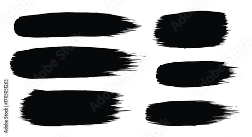 Black Paint Strokes using a thick brush, collection of six black brush strokes on transparent background