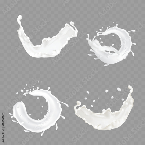 Realistic 3D milk, cream, and yogurt splash set. Vector