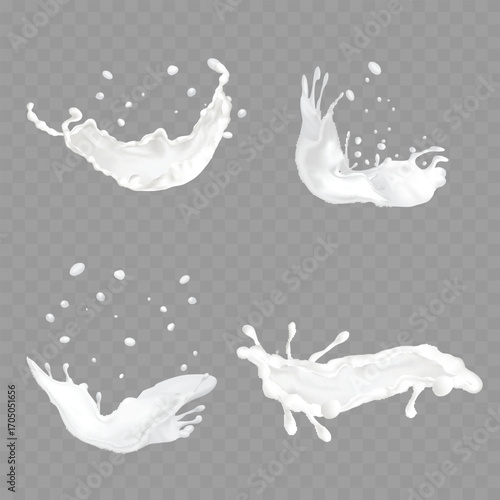 Realistic 3D milk, cream, and yogurt splash set. Vector