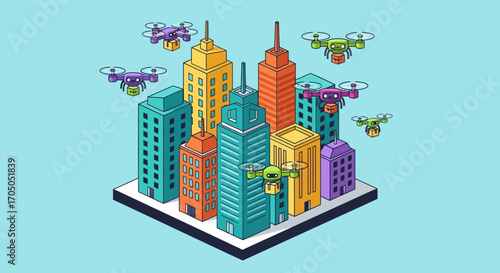 Isometric illustration of a colorful smart city with flying delivery drones carrying packages.