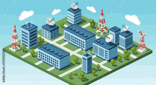 Isometric illustration of a modern city block with telecommunication towers and satellite dishes on rooftops.