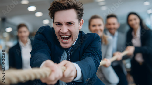 Energetic Young Businessman Leading Team in a Tug-of-War Challenge in Modern Office Environment