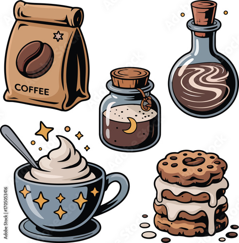 Coffee bag potion cup cookie stack beans bottle