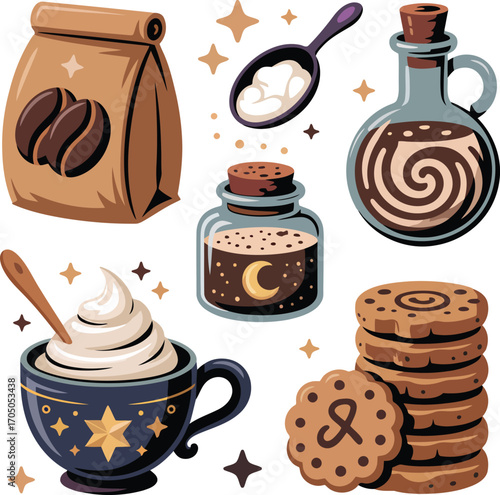 Coffee beans bag whipped cream cup cookies and potion bottles vector
