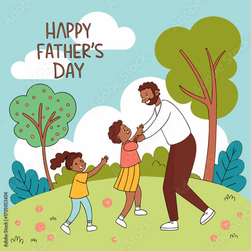 Happy fathers day illustration of a father playing with his two daughters in a park