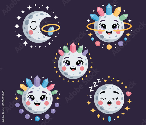 Cute moons with crystals and stars on a dark background cartoon